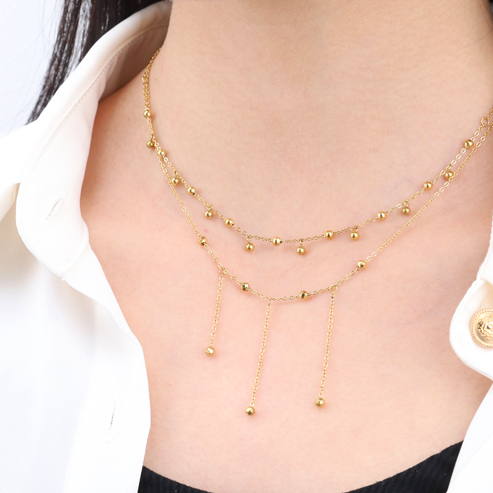 Lasering Beads Tassel Long Chain Necklace - PVD 18k Gold Plated 316L Stainless Steel _N013