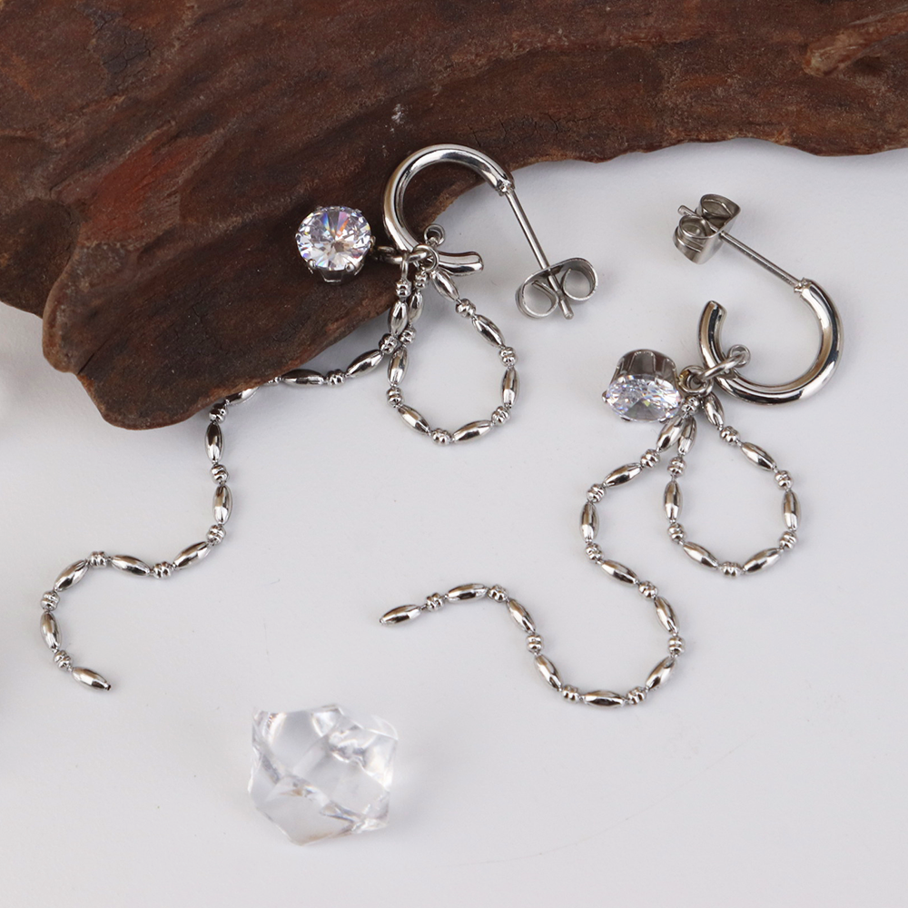  316L Stainless Steel Oliver Beads Chain C-shape Long Chain Tassel Earrings_E026