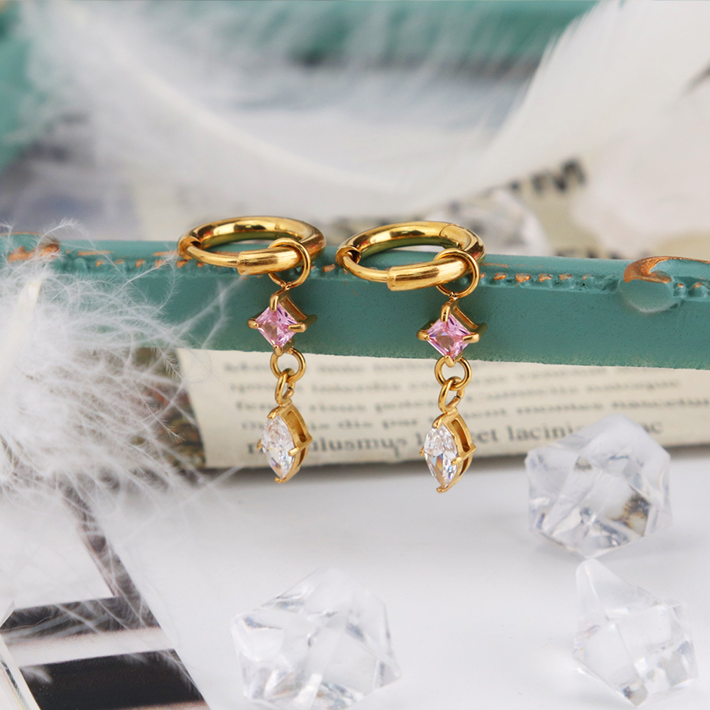 PVD 18k Gold Plated 316L Stainless Steel pink Princess Cut Marquise Cut Zirconias Drops Huggie Hoops Earrings_E028