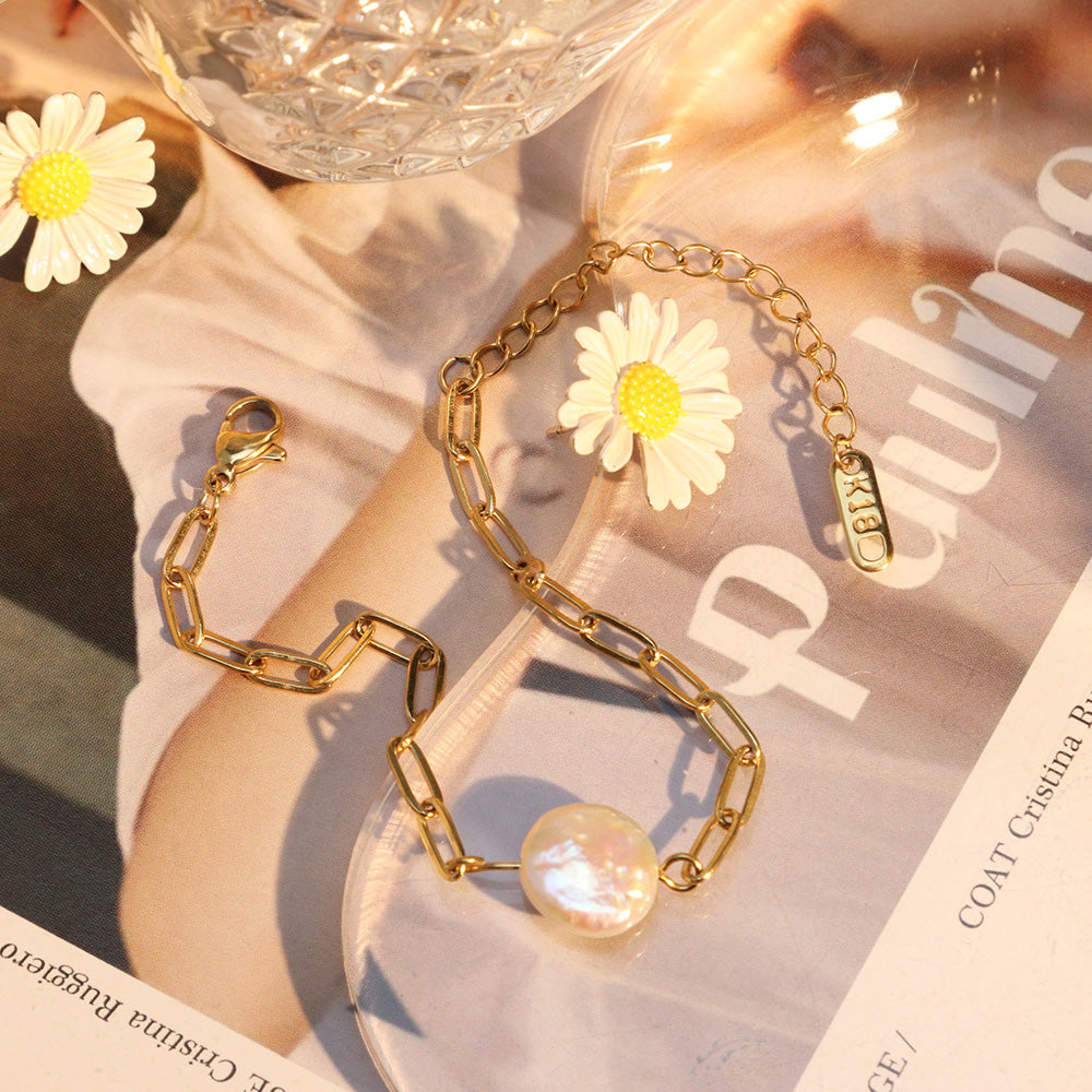 Button Shape Baroque Freshwater Pearl Link Chain Bracelet - PVD 18k Gold Plated 316L Stainless Steel_B021