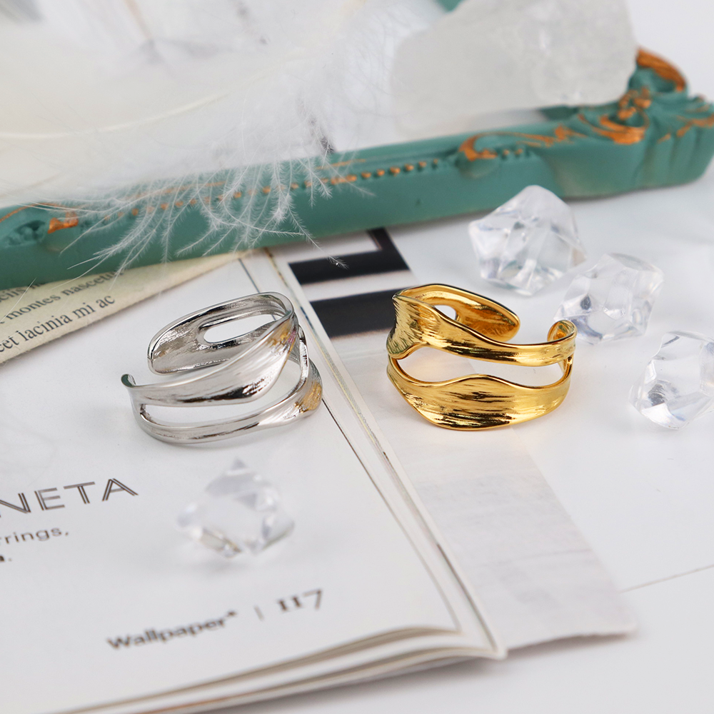 Double Layers Irregular Retro Organic Texture Adjustable Rings - Silver 316L Stainless Steel with PVD Plating_R037