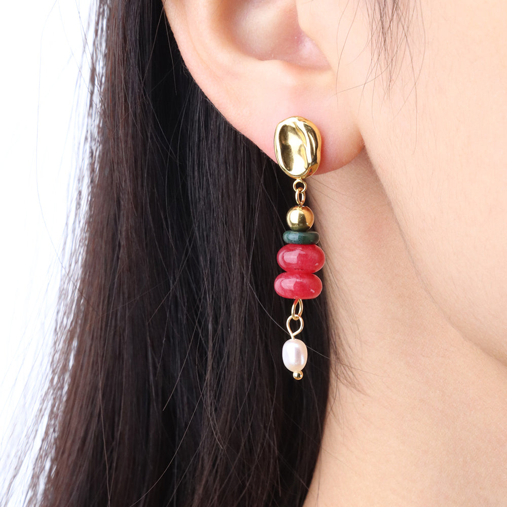 Natural Gem Stones Sweet Water Pearls Organic Texture Drop Earrings - PVD 18k Gold Plated 316L Stainless Steel_E024