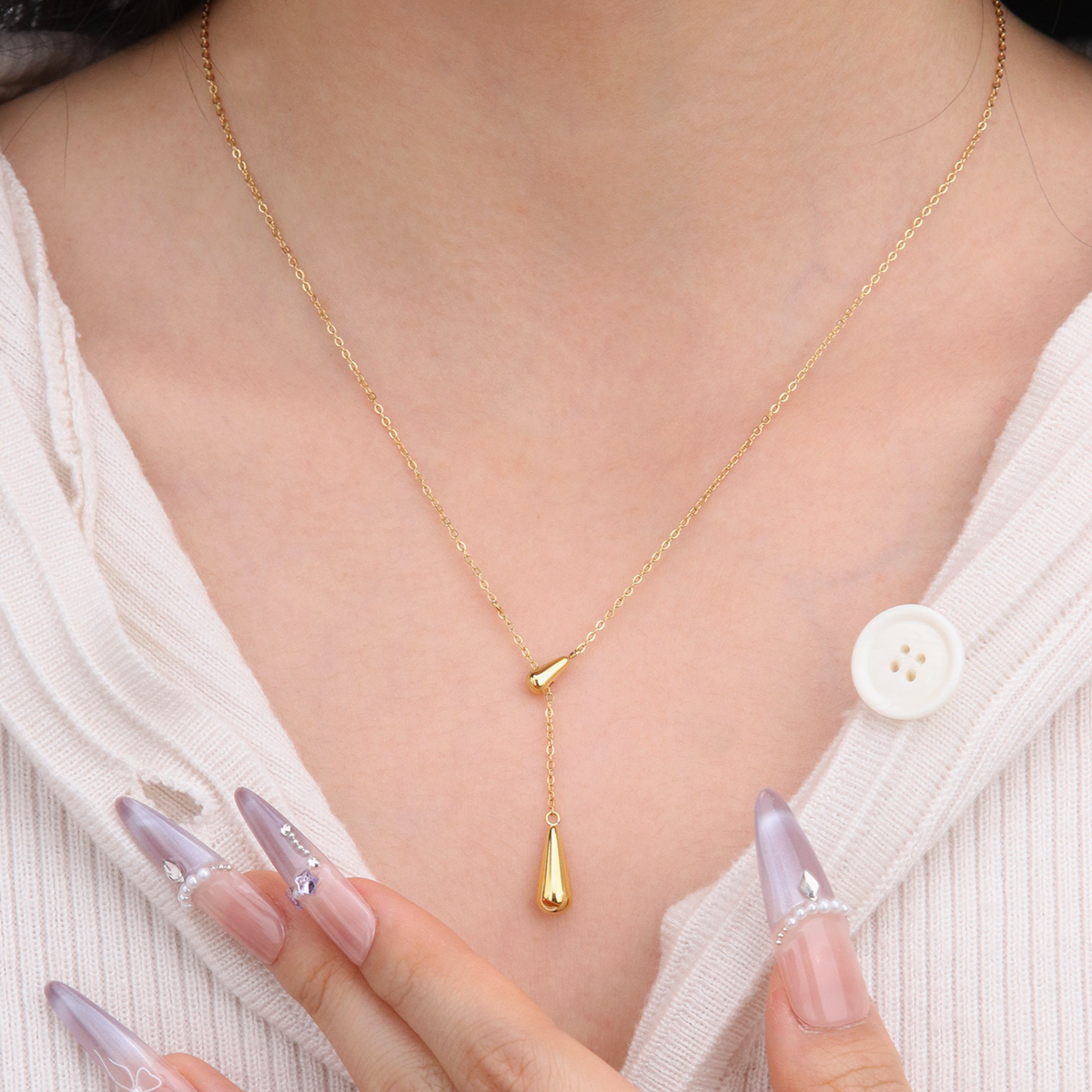 Water Drop Y-Shape Adjustable Pendant Necklace - PVD18K Gold Plated 316L Stainless Steel_N058
