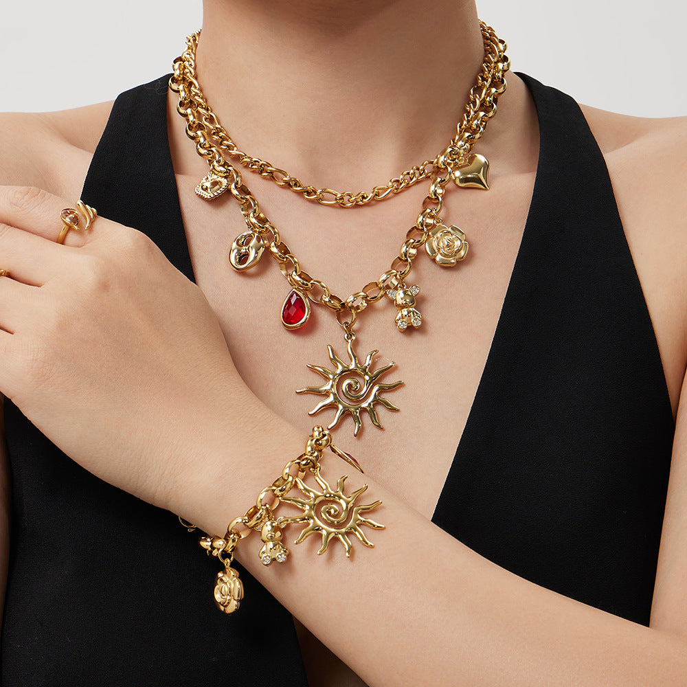 PVD Gold-Plated Stainless Steel Jewelry Set - DIY Sun Heart Bear Multi-Pendant Bracelet Necklace Non-Fading - Set009