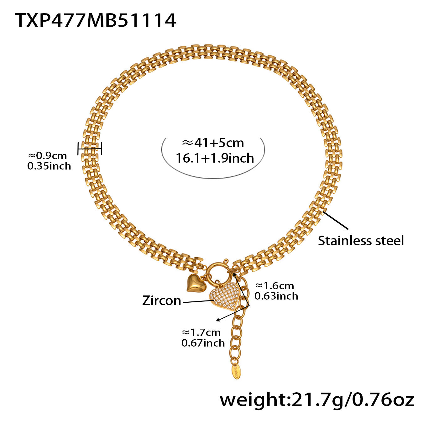 Heart Clasp Cubic Zirconia Chain Set – PVD Gold Plated Bracelet & Necklace - Set007