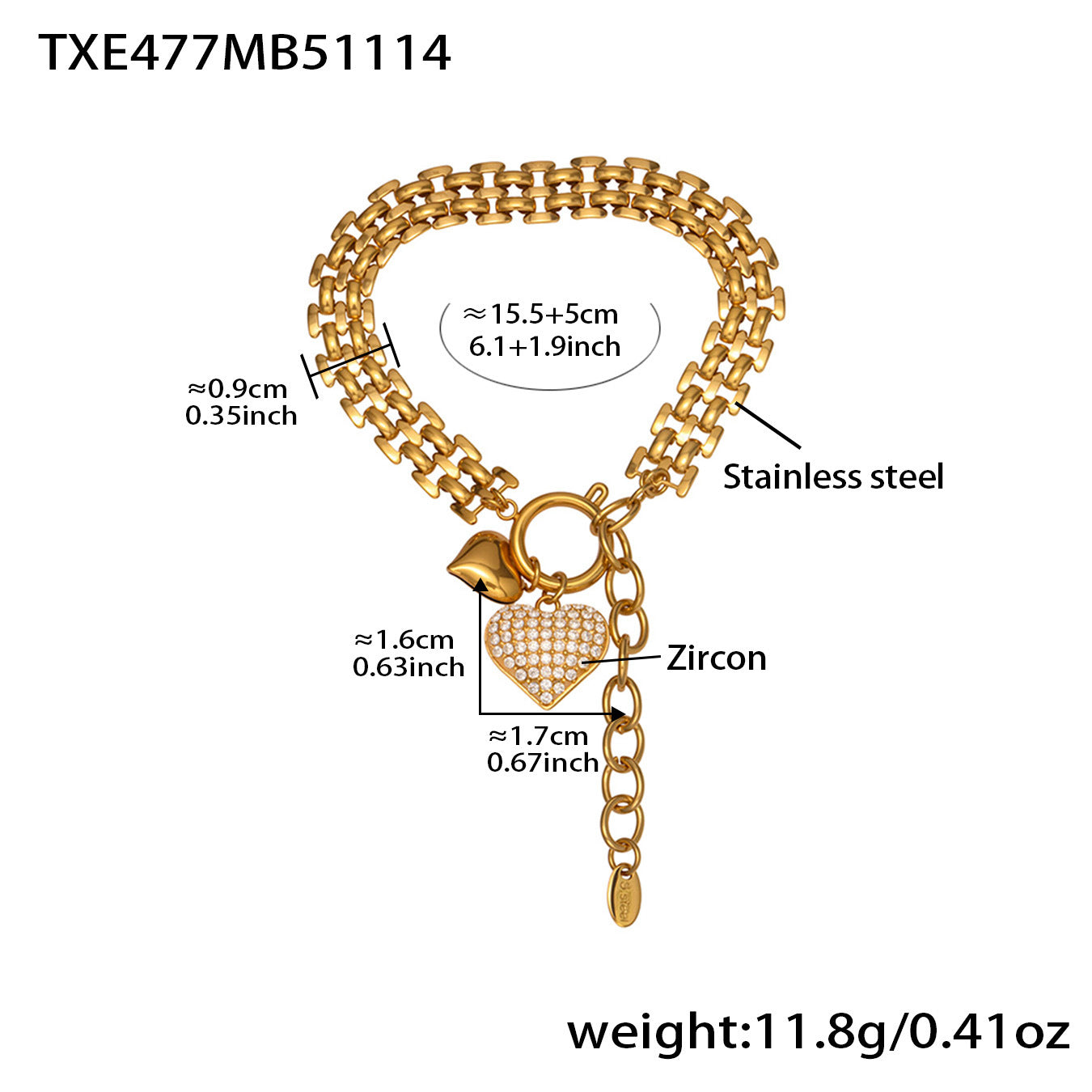 Heart Clasp Cubic Zirconia Chain Set – PVD Gold Plated Bracelet & Necklace - Set007
