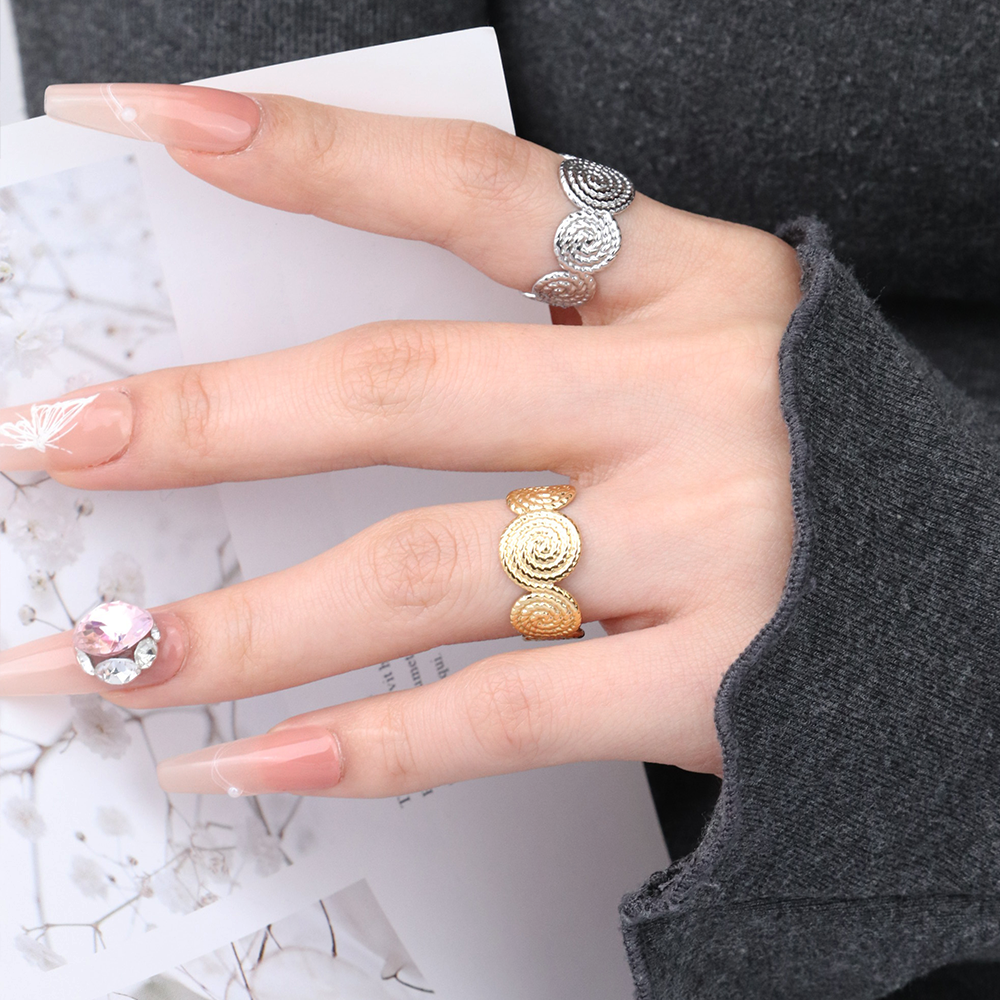 Silver 316L Stainless Steel Round Dots Flakes Thread Spiral Twist Resizable Rings_R035