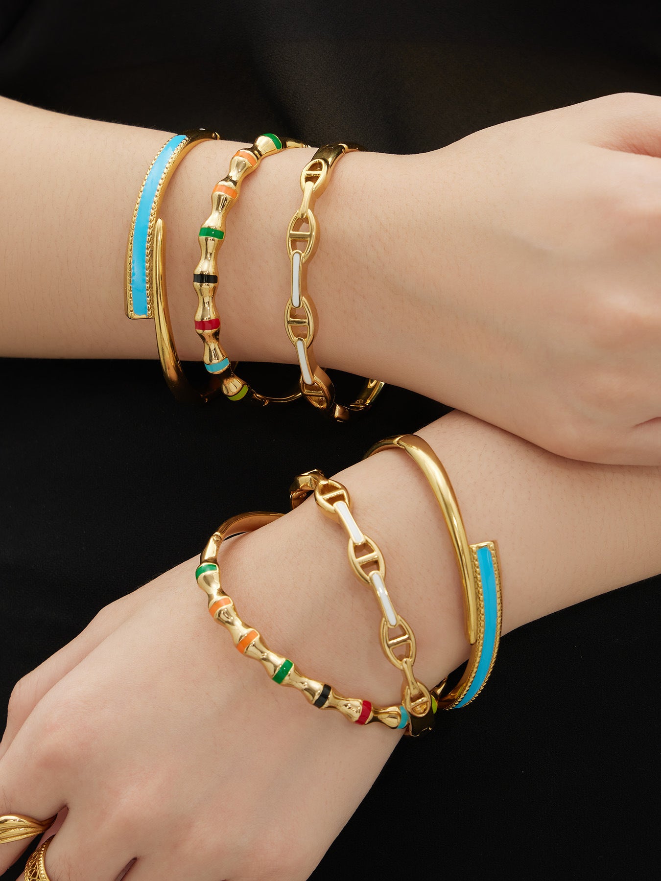 18K Gold-Plated Oil-Drip Clasp Bracelet Set - Simple Stainless Steel Fashion Elegant Open Bangle Jewelry - B036