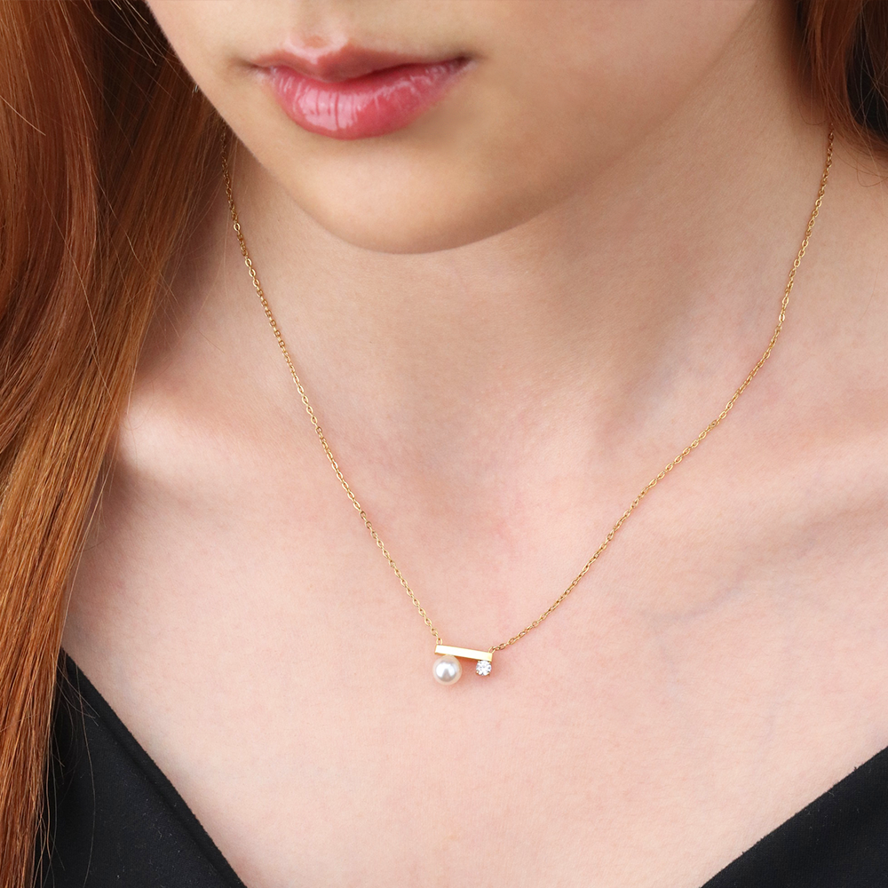 Minimalist Jewelry Balance bar Pearl Cz Pendant Charm Necklace - PVD 18k Gold Plated 316L Stainless Steel_N024