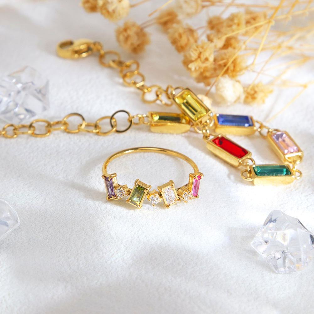 Colorful Candy Colors Zirconia Rings Stylish Unique Ring -  - PVD 18k Gold Plated 316L Stainless Steel_R042-R044