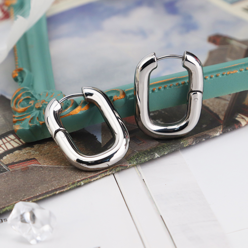 Chunky Wide Heavy Oval Huggie Hoops Large Gold Flat Hoop U Earring - Silver 316L Stainless Steel with PVD Plating_E029