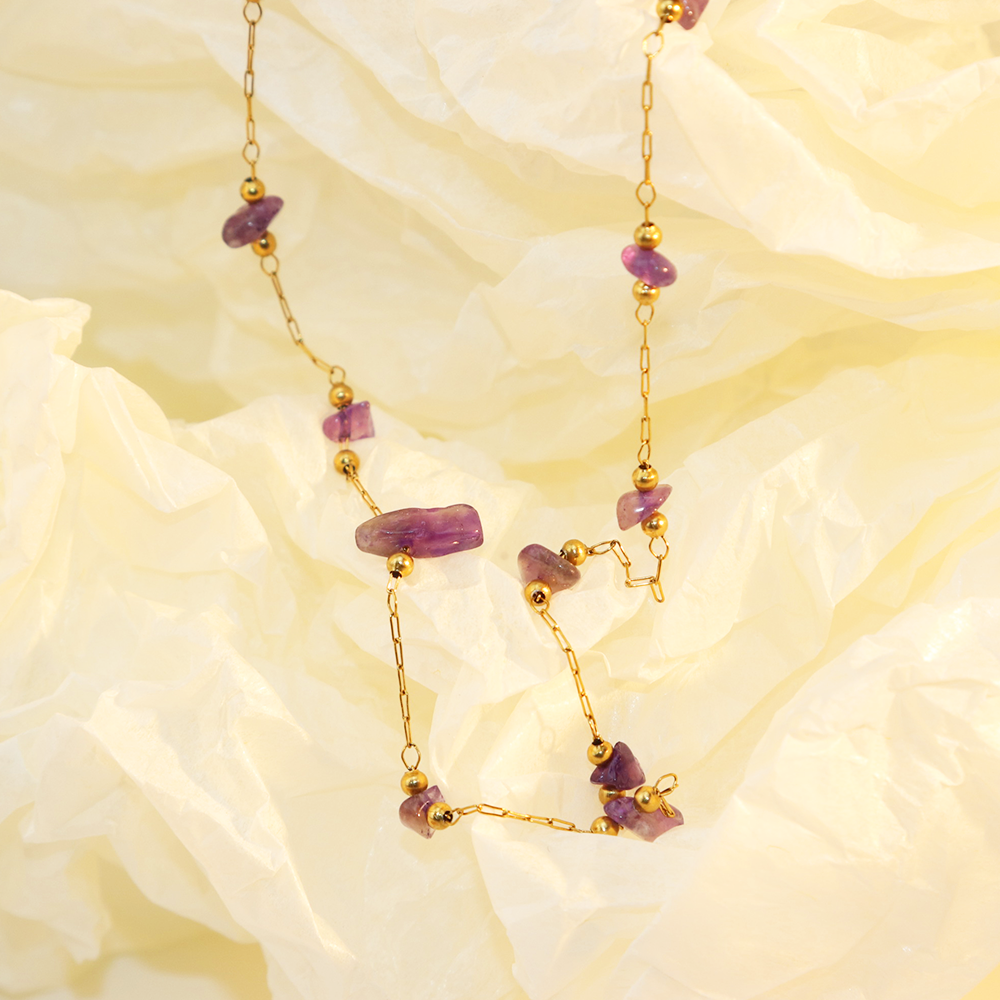 Natural Amethyst Crystal Quartz Satellite Chain Necklace - PVD 18k Gold Plated 316L Stainless Steel_N017