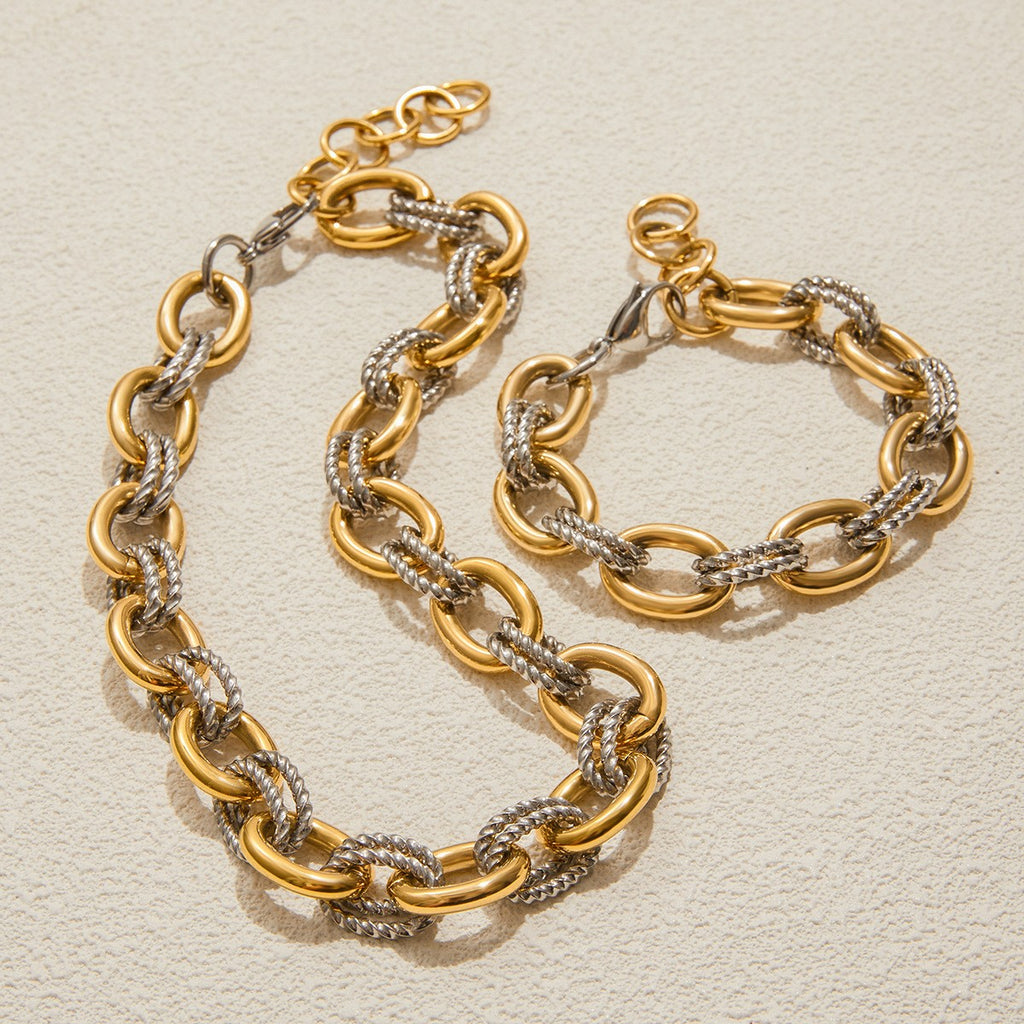 High Quality Two Tone Stainless Steel Waterproof Plated Double Oval Linked Twist Rope Chains Bracelet Necklace Set Jewelry_PVD18K Gold Plated 316L Stainless Steel_Set004