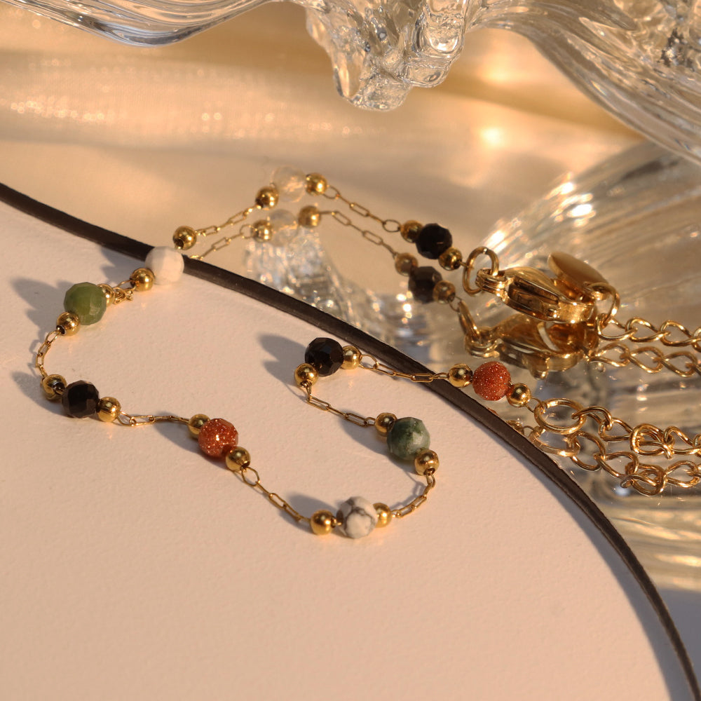 Original Design Natural Gems Colorful Beads Chain Bracelet - PVD 18k Gold Plated 316L Stainless Steel_B026