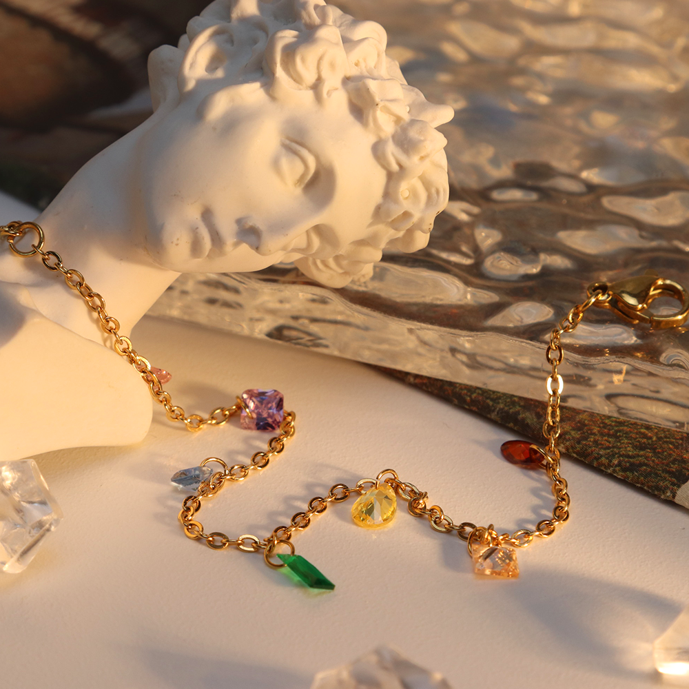 Rainbow Colors Zirconias  Multi-shapes Charms Cable Chain Charms Bracelets - PVD 18k Gold Plated 316L Stainless Steel_B028