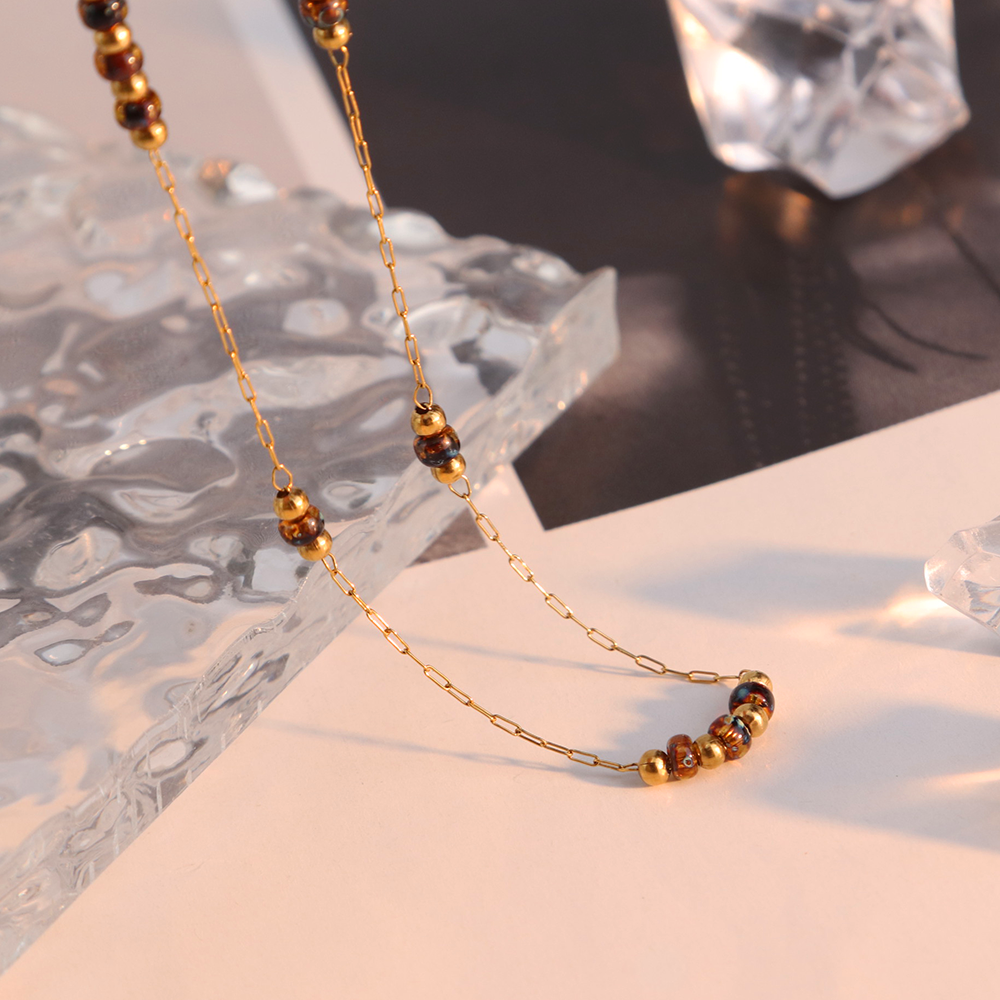 Amber Color Beads Necklace Gold Beads Satellite Chain - PVD 18k Gold Plated 316L Stainless Steel_N021
