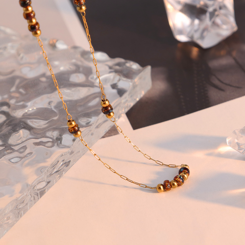 Amber Color Beads Necklace Gold Beads Satellite Chain - PVD 18k Gold Plated 316L Stainless Steel_N021