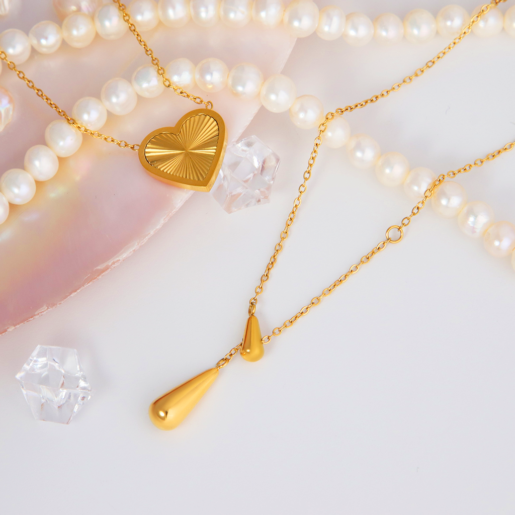 Water Drop Y-Shape Adjustable Pendant Necklace - PVD18K Gold Plated 316L Stainless Steel_N058