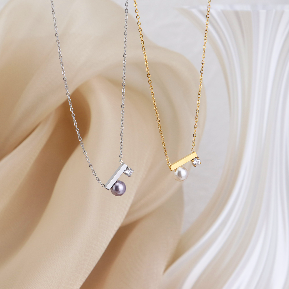 Minimalist Jewelry Balance bar Pearl Cz Pendant Charm Necklace - Silver 316L Stainless Steel with PVD Plating_N025