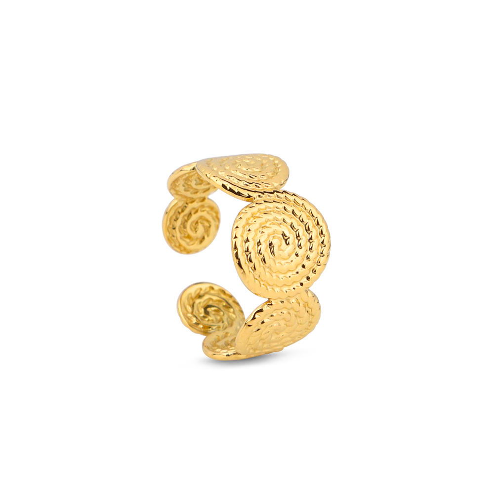 Round Dots Flakes Thread Spiral Twist Resizable Rings - PVD 18k Gold Plated 316L Stainless Steel_R034