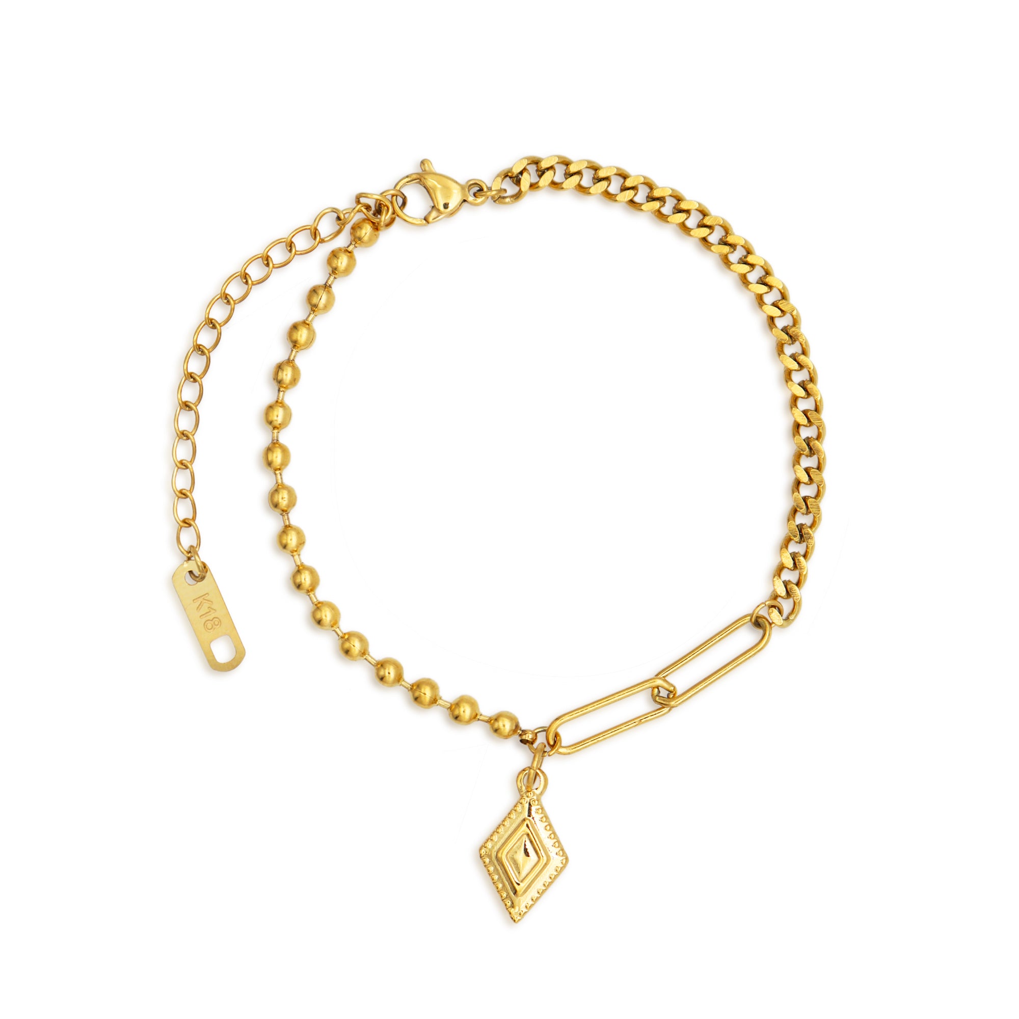 Simple Plated Bohemian Rhombus Stitching Round Bead Bracelet - PVD 18k Gold Plated 316L Stainless Steel_B001