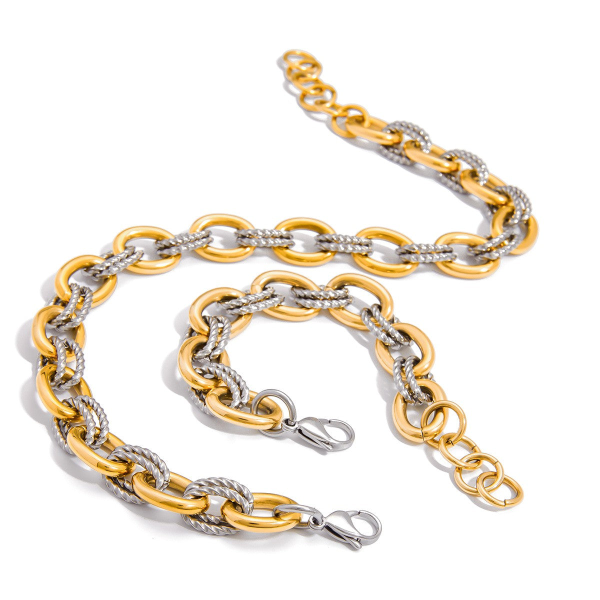 High Quality Two Tone Stainless Steel Waterproof Plated Double Oval Linked Twist Rope Chains Bracelet Necklace Set Jewelry_PVD18K Gold Plated 316L Stainless Steel_Set004
