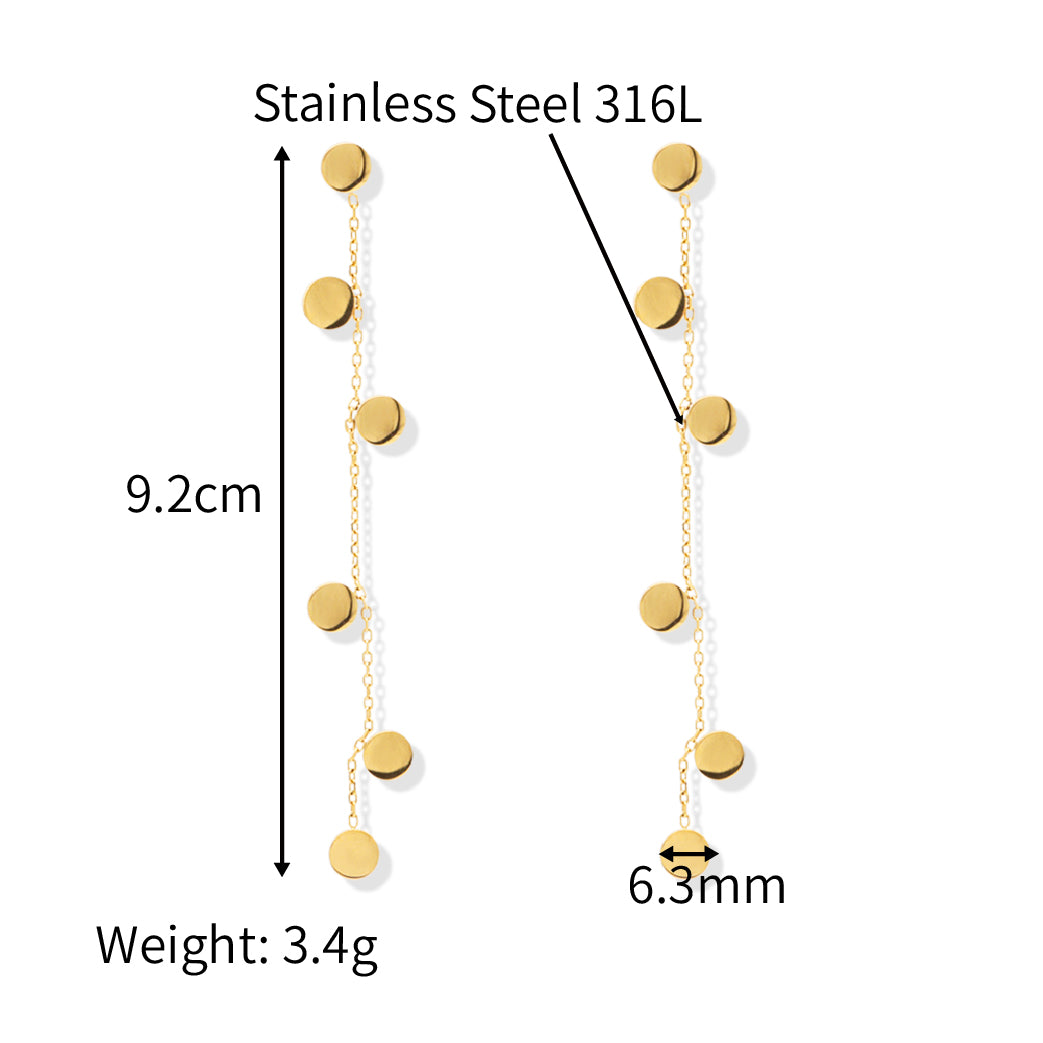 Round Flakes Long Tassel Drop Earrings - PVD 18k Gold Plated 316L Stainless Steel_E020