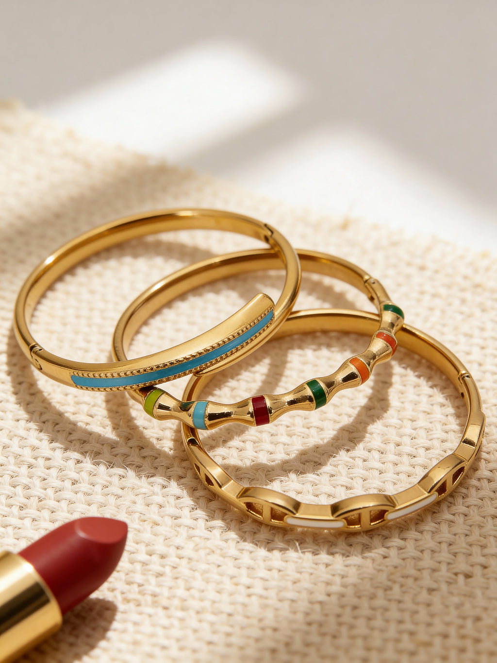 18K Gold-Plated Oil-Drip Clasp Bracelet Set - Simple Stainless Steel Fashion Elegant Open Bangle Jewelry - B036