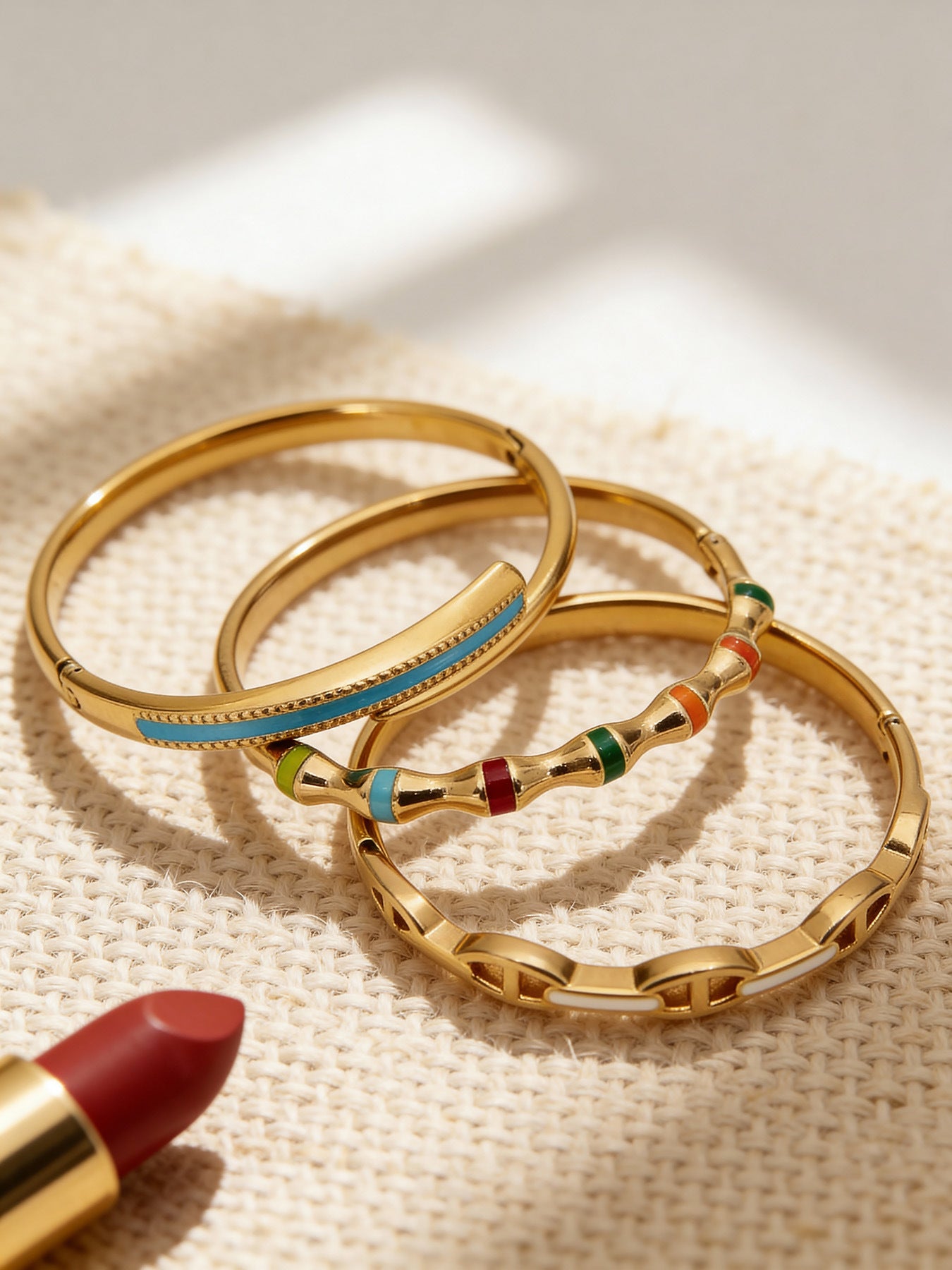 18K Gold-Plated Oil-Drip Clasp Bracelet Set - Simple Stainless Steel Fashion Elegant Open Bangle Jewelry - B036