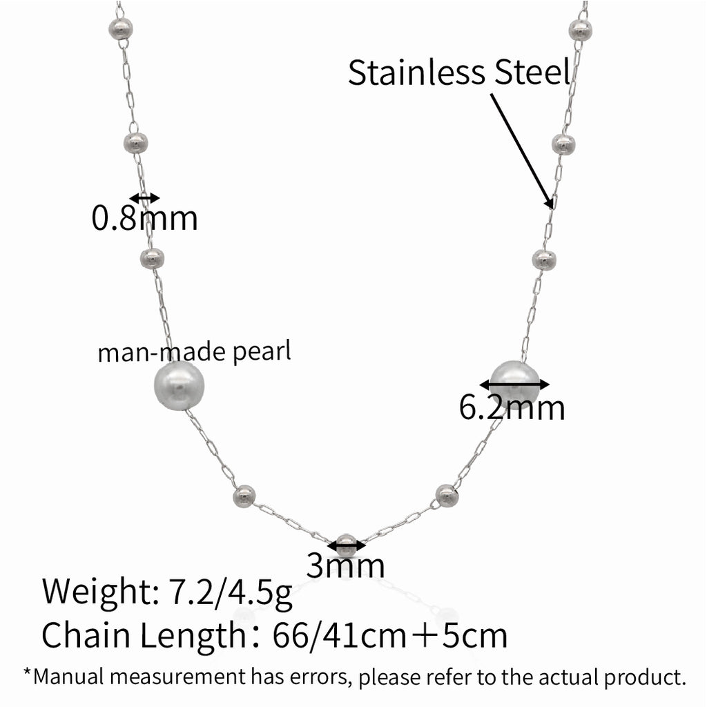 Man-made Pearl Akoya Pearl Beads Satellite Chains Necklace - Silver 316L Stainless Steel_N010