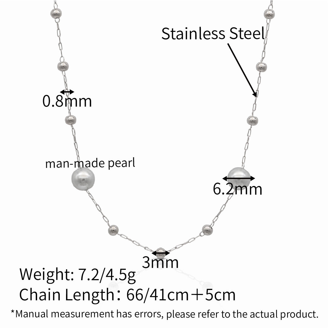 Man-made Pearl Akoya Pearl Beads Satellite Chains Necklace - Silver 316L Stainless Steel_N010
