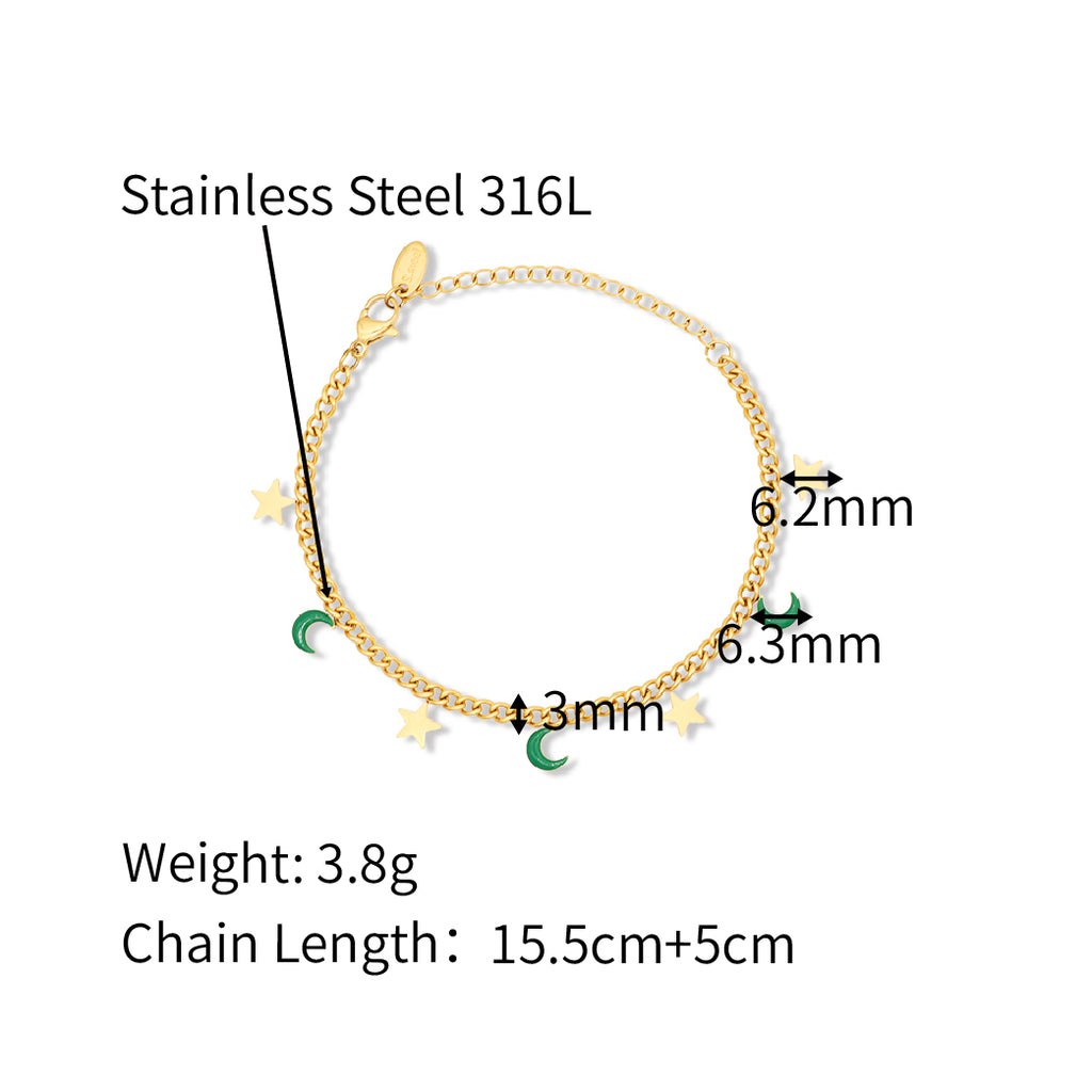 Colorful Enamel Star and Moon Charms 3mm Curb Chain Bracelet -  PVD18K Gold Plated 316L Stainless Steel_B055