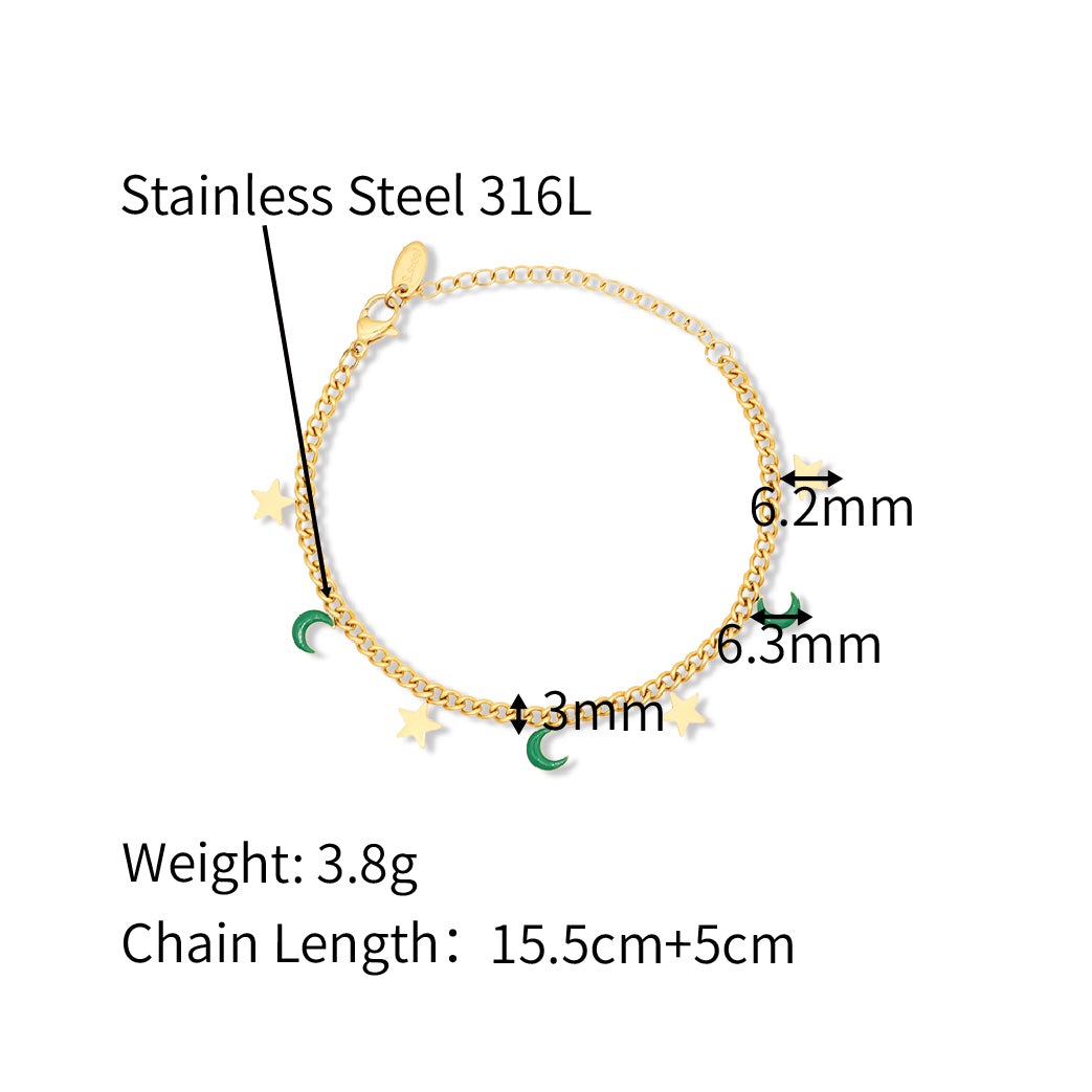 Colorful Enamel Star and Moon Charms 3mm Curb Chain Bracelet -  PVD18K Gold Plated 316L Stainless Steel_B055