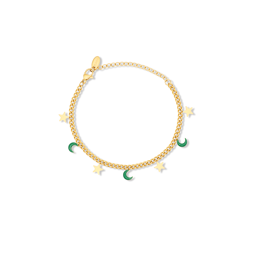 Colorful Enamel Star and Moon Charms 3mm Curb Chain Bracelet -  PVD18K Gold Plated 316L Stainless Steel_B055