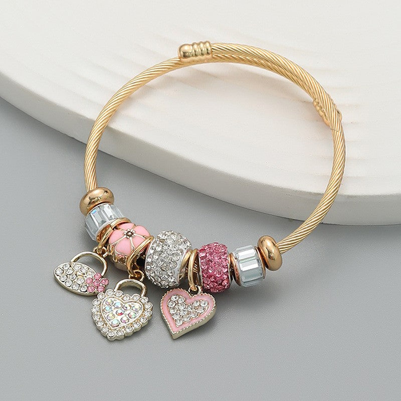 Big Holes Beads Bracelet Waterproof Gold-Plated Stainless-Steel DIY Charm Bracelet Adjustable Size Lovely Heart Charms - B039
