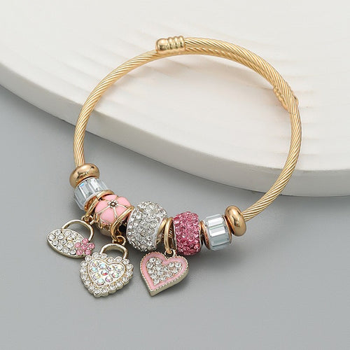 Big Holes Beads Bracelet Waterproof Gold-Plated Stainless-Steel DIY Charm Bracelet Adjustable Size Lovely Heart Charms - B039