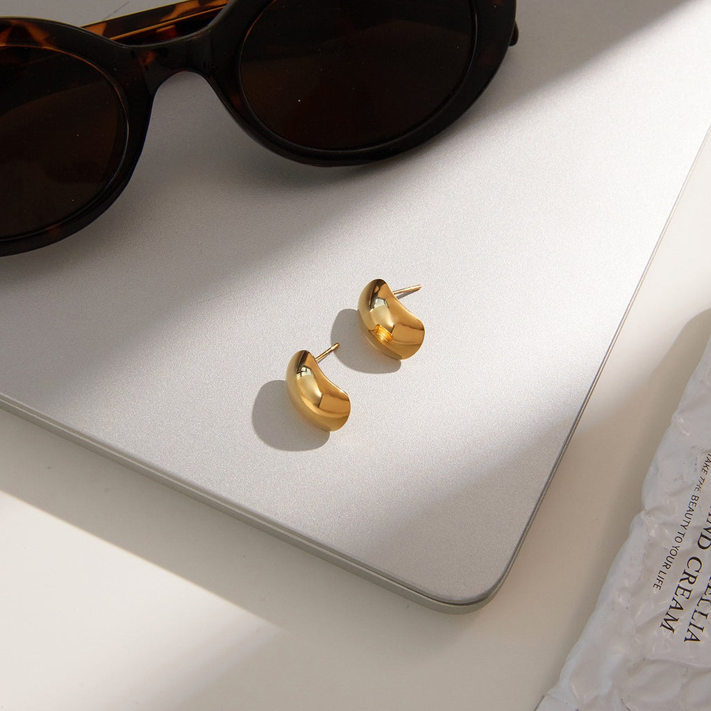 Croissant Stud Earring Shiny Polished Big Cambered Surface Earrings - PVD 18k Gold Plated 316L Stainless Steel_E-042