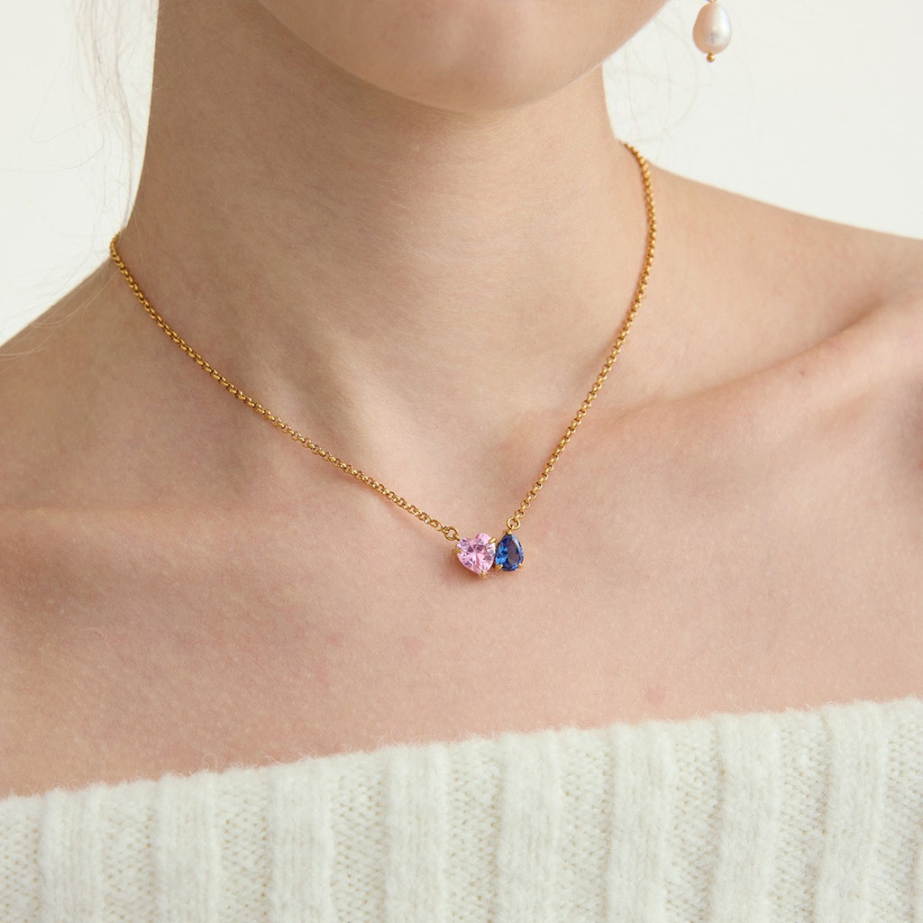 18K Gold Plated Oval Heart Shiny Colorful Zircon Pendant Necklace StainlessSteel