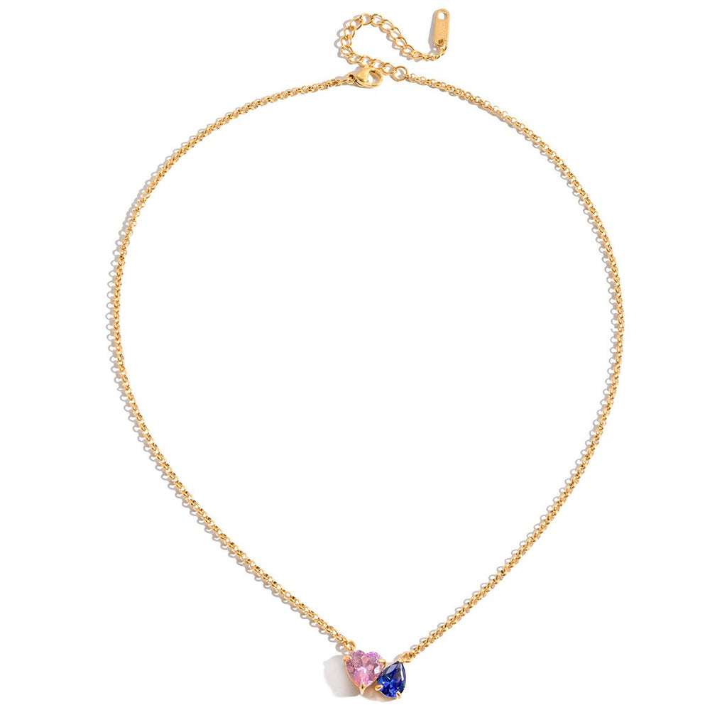 18K Gold Plated Oval Heart Shiny Colorful Zircon Pendant Necklace StainlessSteel