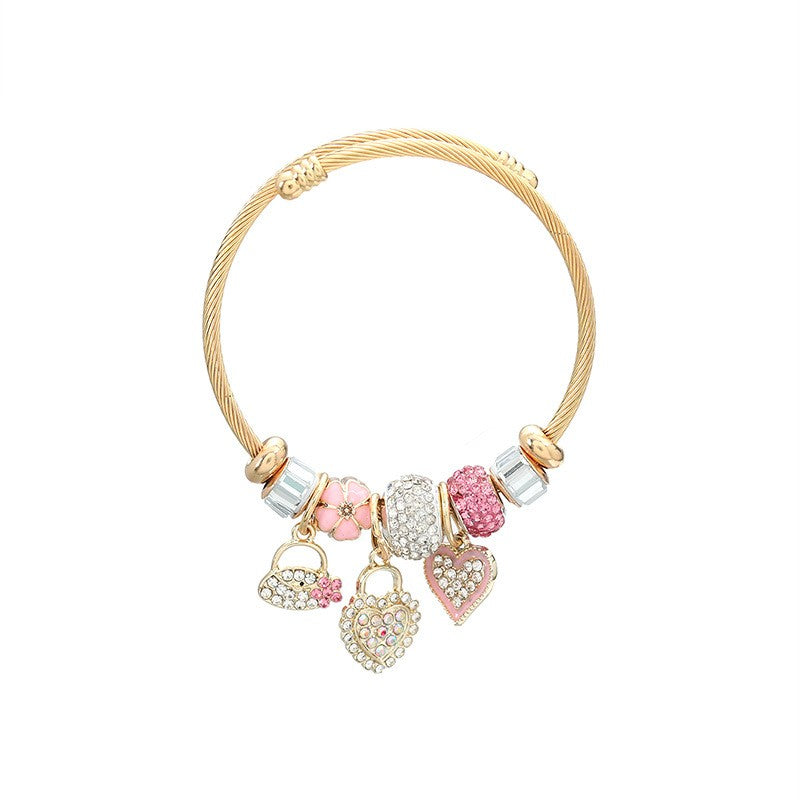 Big Holes Beads Bracelet Waterproof Gold-Plated Stainless-Steel DIY Charm Bracelet Adjustable Size Lovely Heart Charms - B039