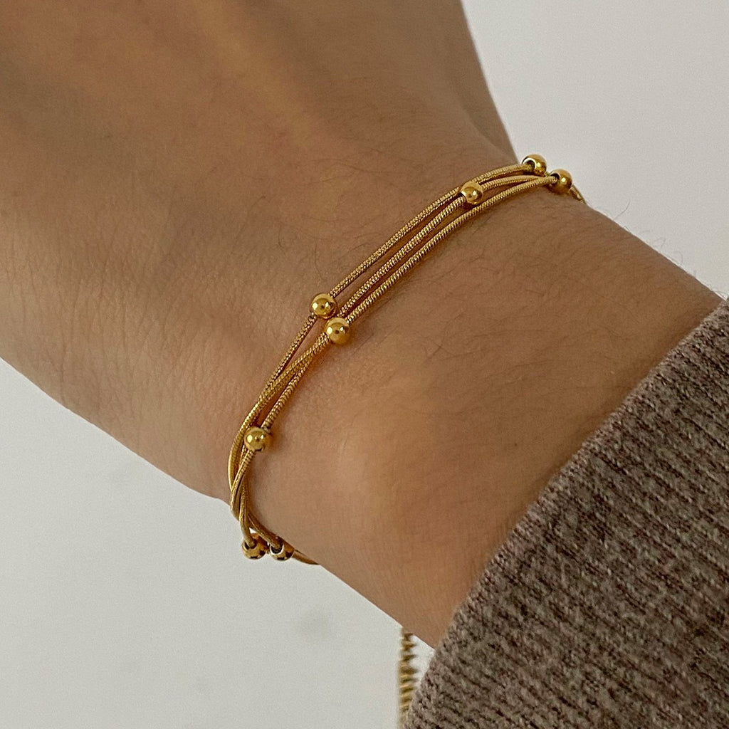 Stackable Gold Triple Chain Layer Beaded Snake Chain Bracelet -  PVD 18k Gold Plated 316L Stainless Steel_B041