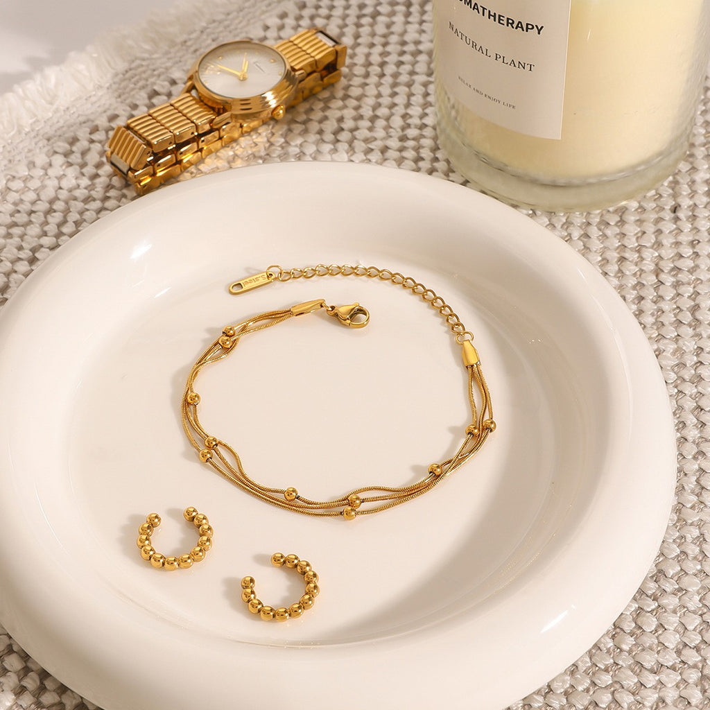 Stackable Gold Triple Chain Layer Beaded Snake Chain Bracelet -  PVD 18k Gold Plated 316L Stainless Steel_B041