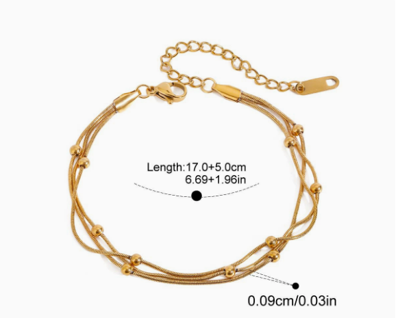 Stackable Gold Triple Chain Layer Beaded Snake Chain Bracelet -  PVD 18k Gold Plated 316L Stainless Steel_B041