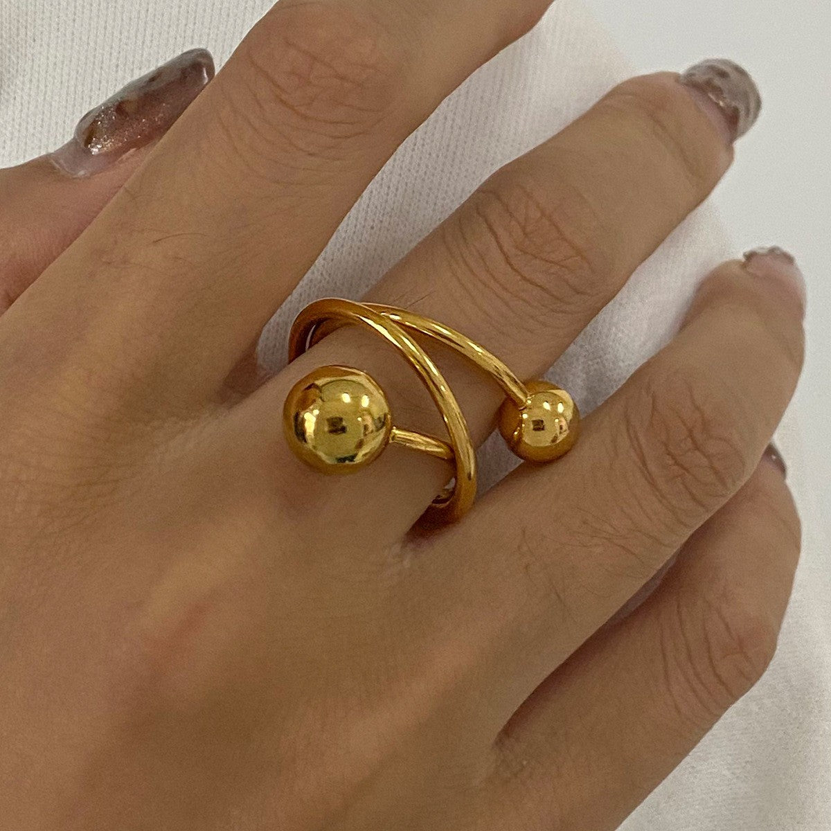 Bead Three Ball Open Ring18K PVD Gold Plated Stainless Steel_R053