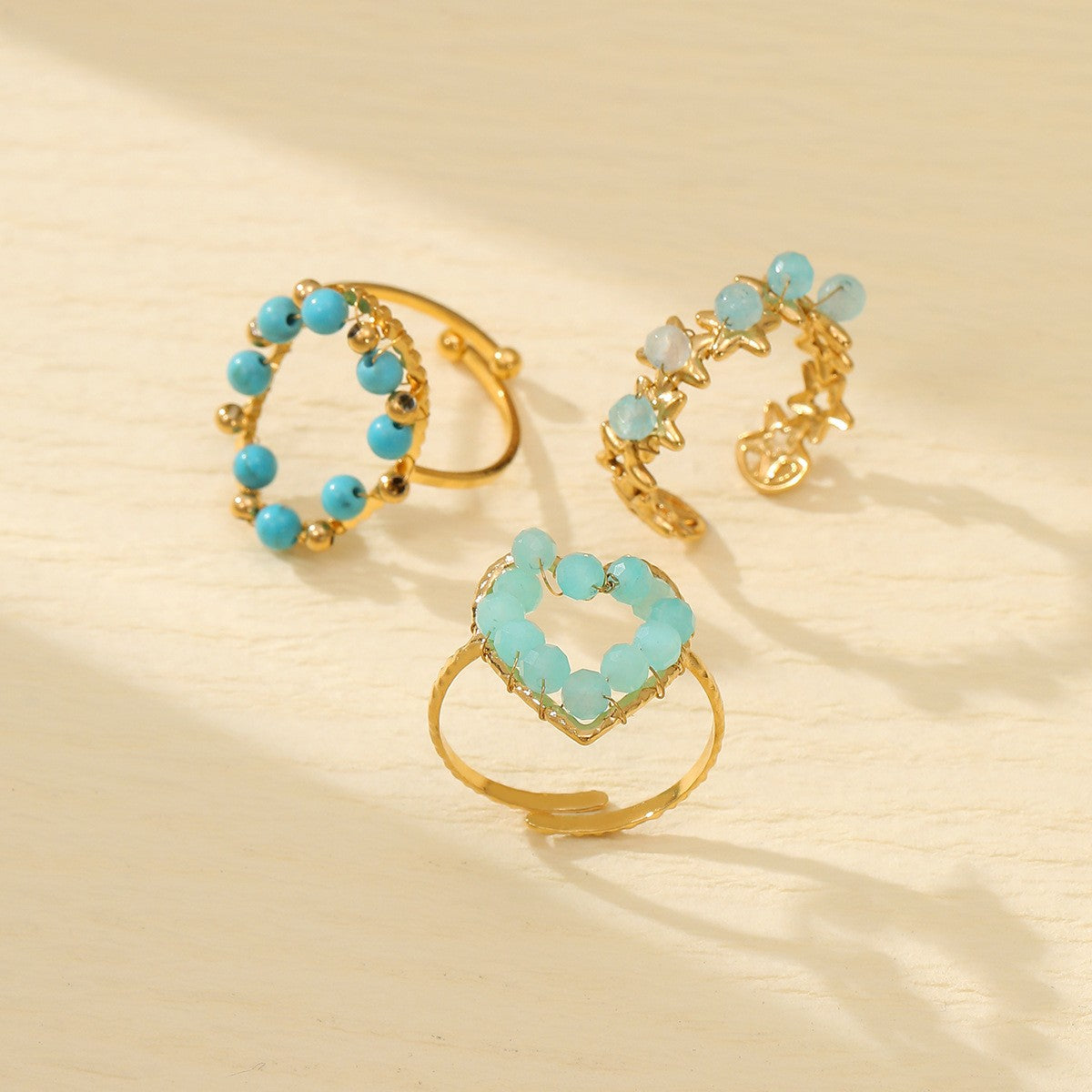 Turquoise Beads Rings for Women Open Size- 18K PVD Gold Plated 316L Stainless Steel  -R054