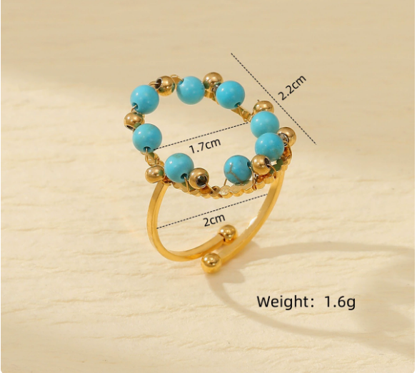 Turquoise Beads Rings for Women Open Size- 18K PVD Gold Plated 316L Stainless Steel  -R054
