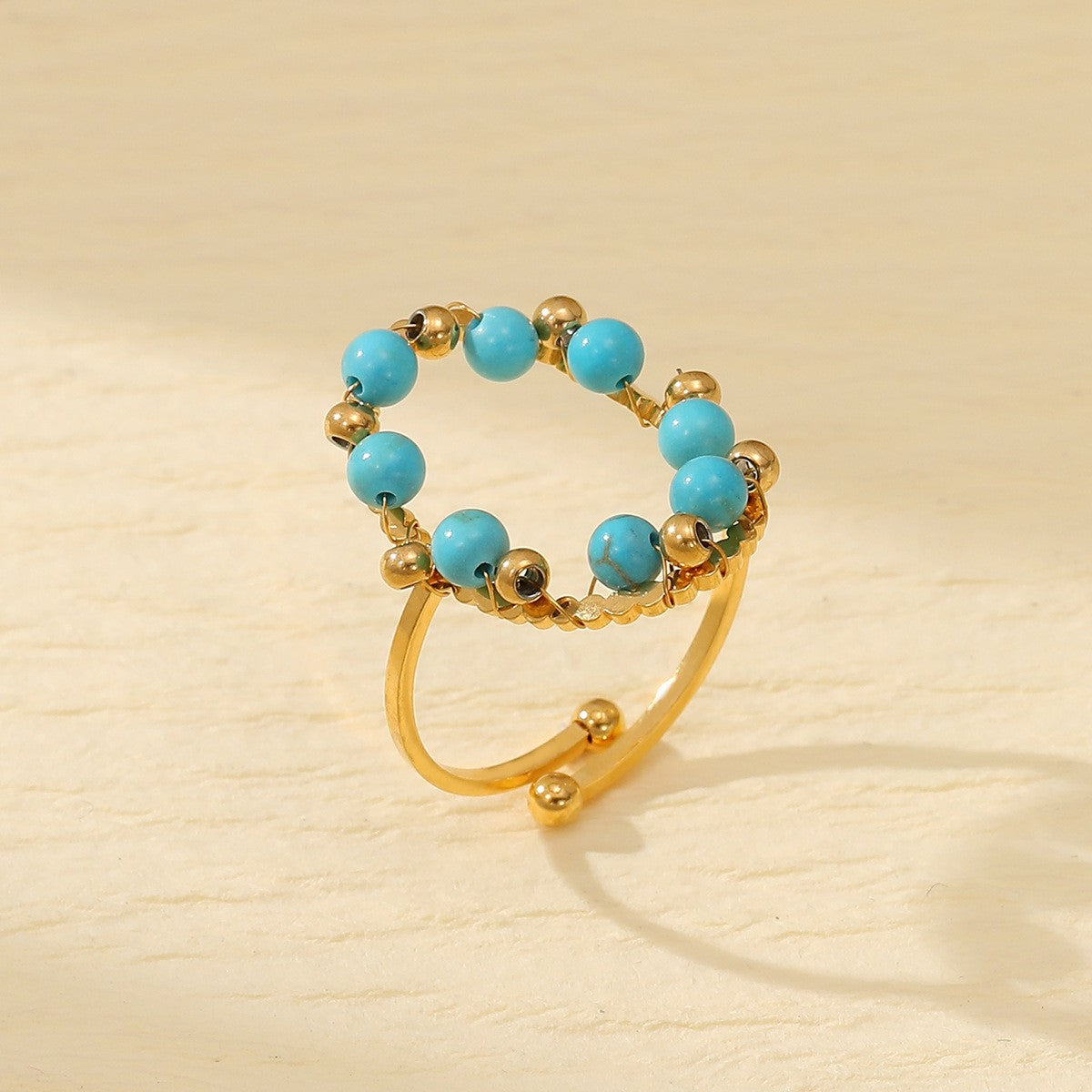 Turquoise Beads Rings for Women Open Size- 18K PVD Gold Plated 316L Stainless Steel  -R054