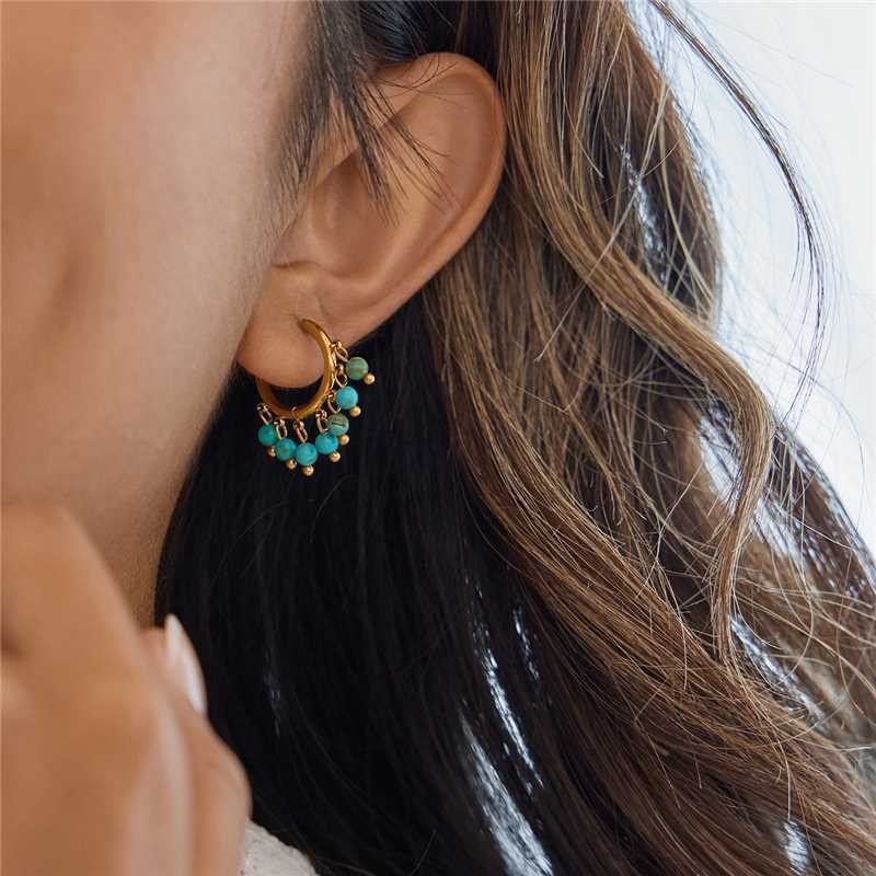Small Turquoise Beads Tassel Hoop Earrings- PVD 18k Gold Plated 316L Stainless Steel_E-041