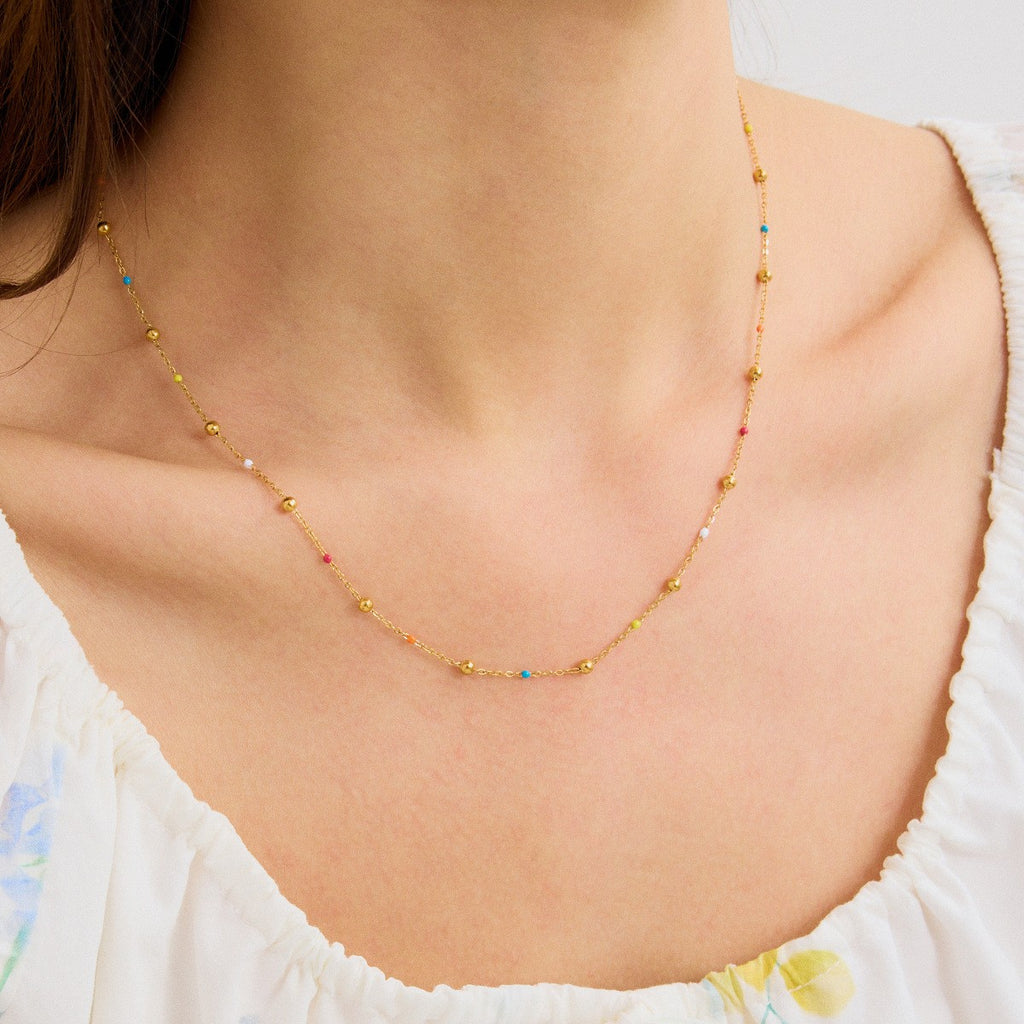 Dainty Colorful Epoxy Bead Dainty Chain Necklace - PVD18K Gold Plated 316L Stainless Steel_N051