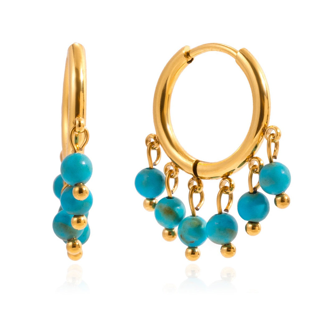 Small Turquoise Beads Tassel Hoop Earrings- PVD 18k Gold Plated 316L Stainless Steel_E-041
